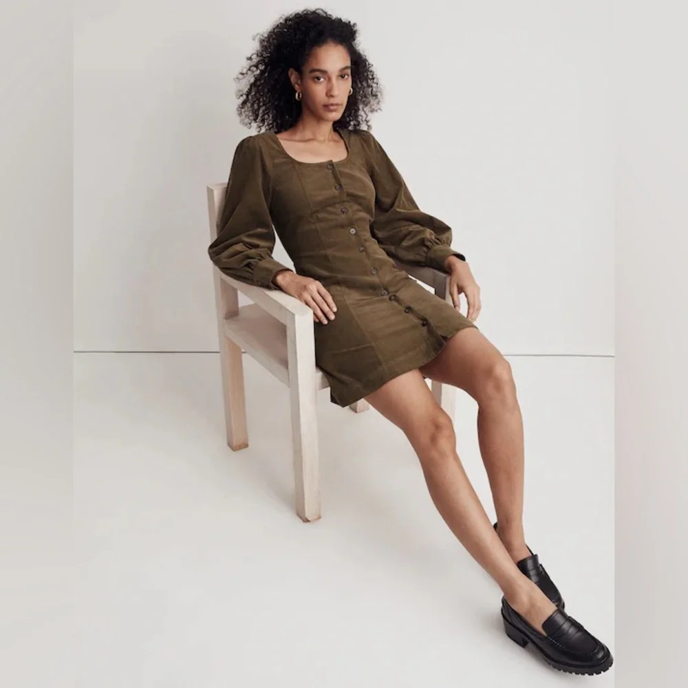 Madewell Corduroy Seamed Long-Sleeve Mini Dress Kale 10 - Picture 3 of 10